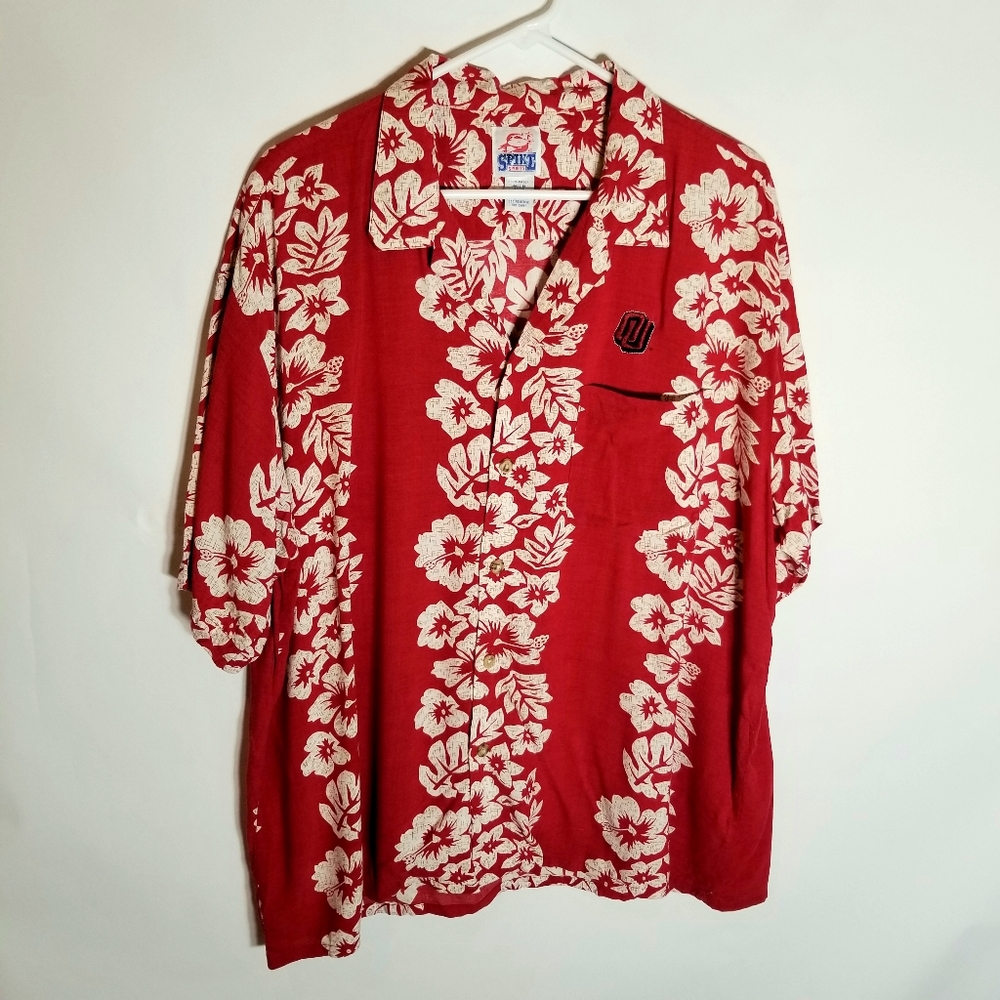 OU Hawaiian Shirt Men's XL Red Floral Spike Sports Oklahoma University Football